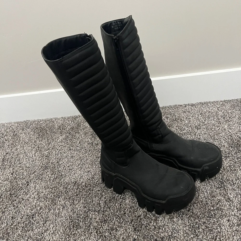 Black Quilted Knee-High Platform Boots